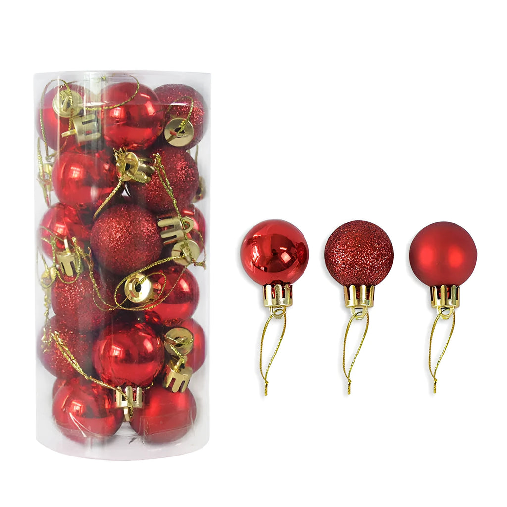 3cm diameter Christmas ball decorations in multiple colours including gold, red and silver