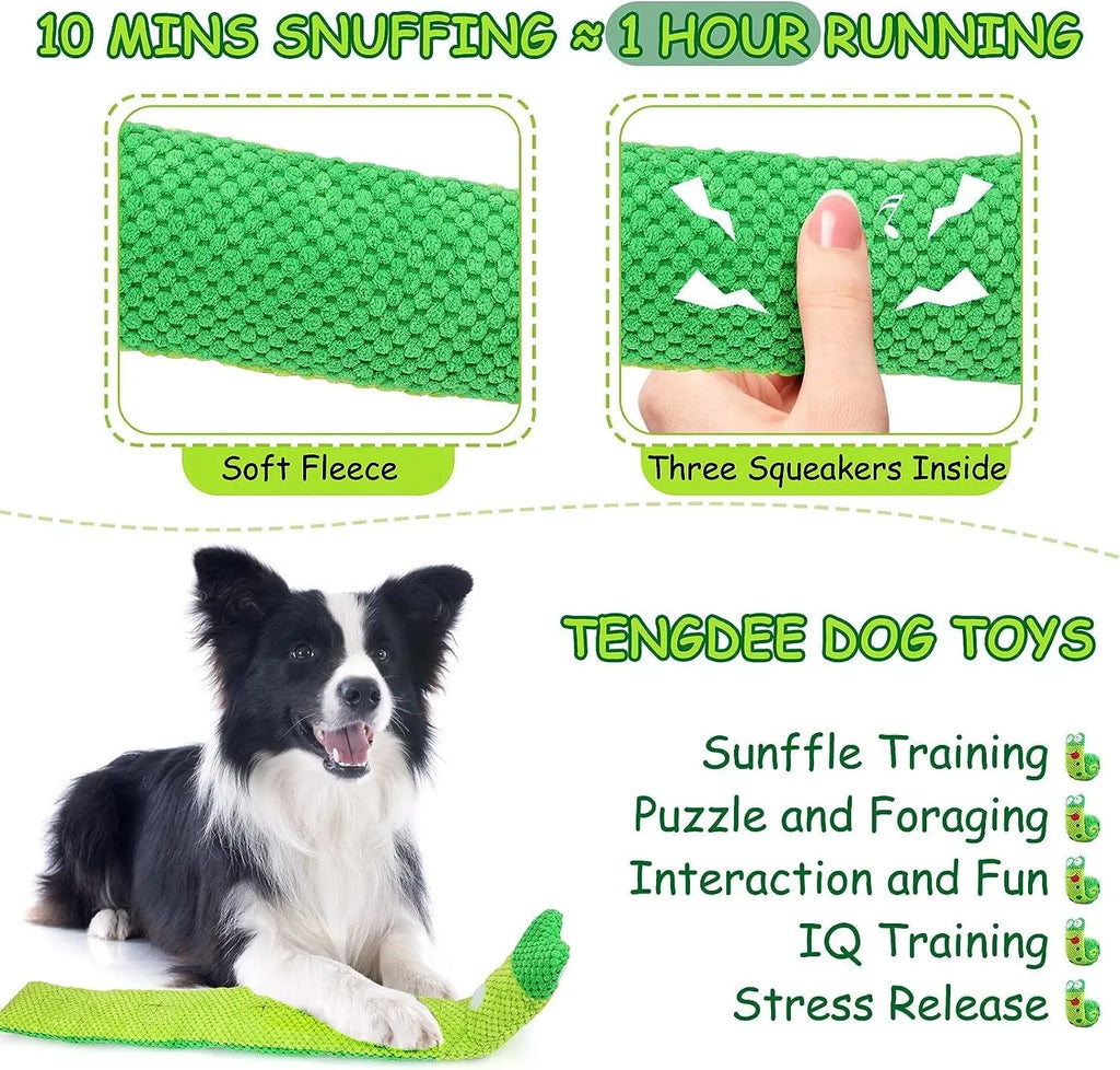 Thick velvet dog puzzle toy with squeaker in snail shape showing hidden food holes