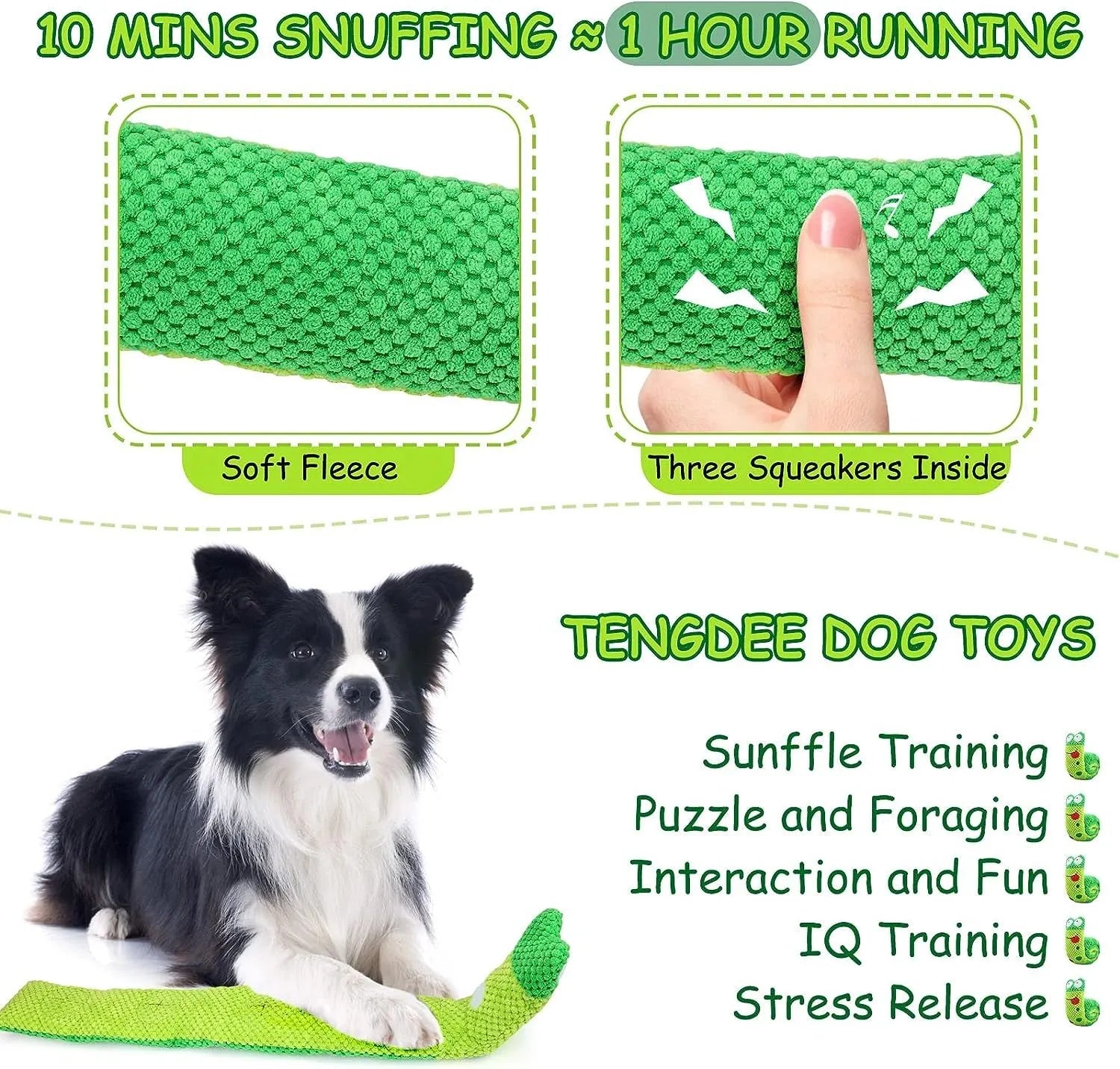 Thick velvet dog puzzle toy with squeaker in snail shape showing hidden food holes