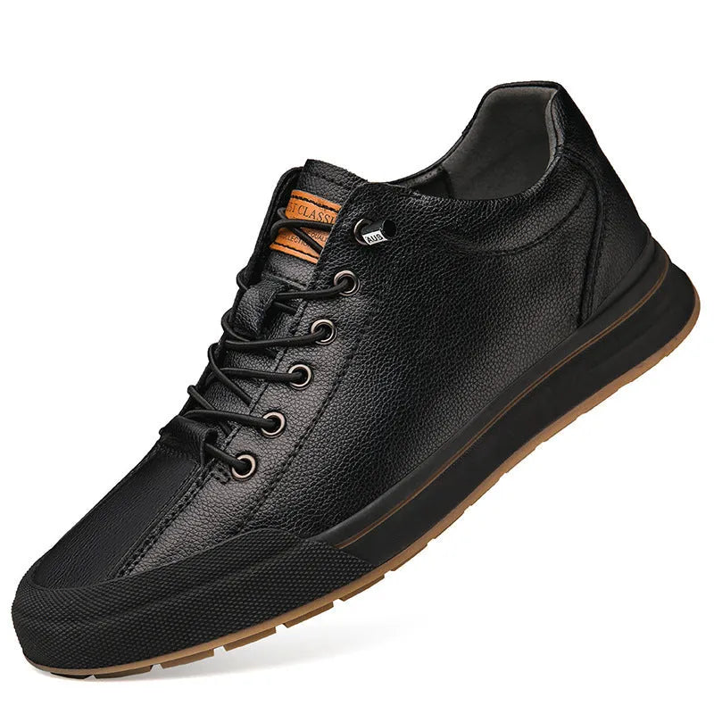Men's white matte leather flat heel trainers with a round toe, shown in hollow-out, four seasons and velvet-lined options.