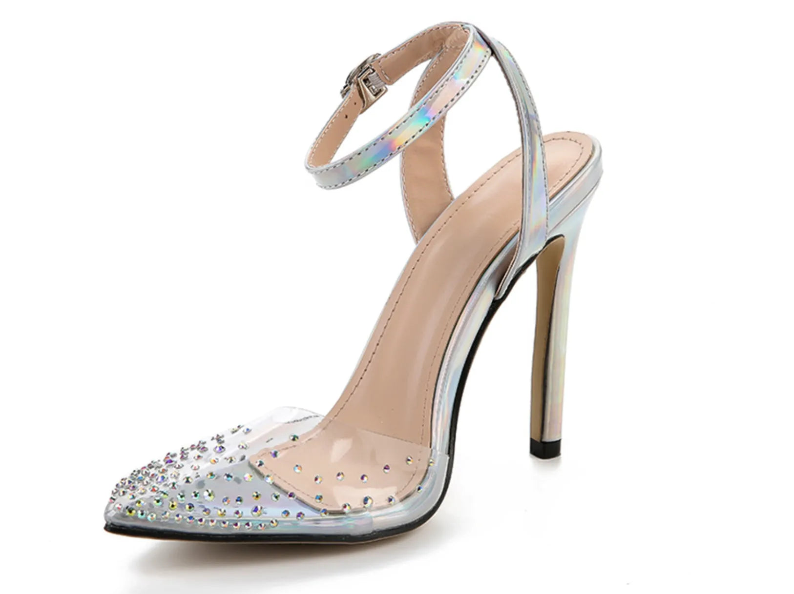 Women's pointed toe stiletto sandals with diamond ornamentation on a PVC upper.