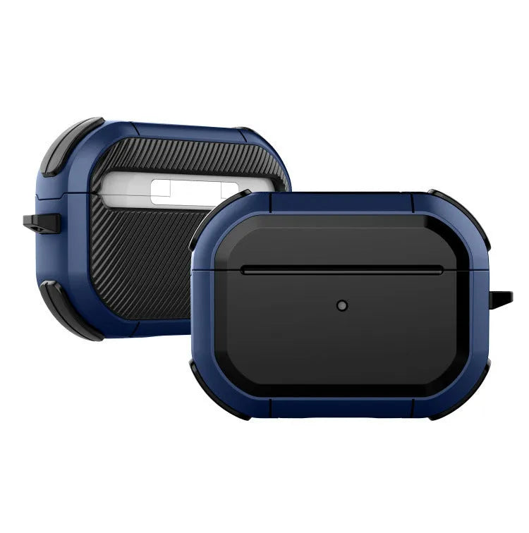 Black TPU and PC protective shell case fitted on a white Apple AirPods Pro charging case.