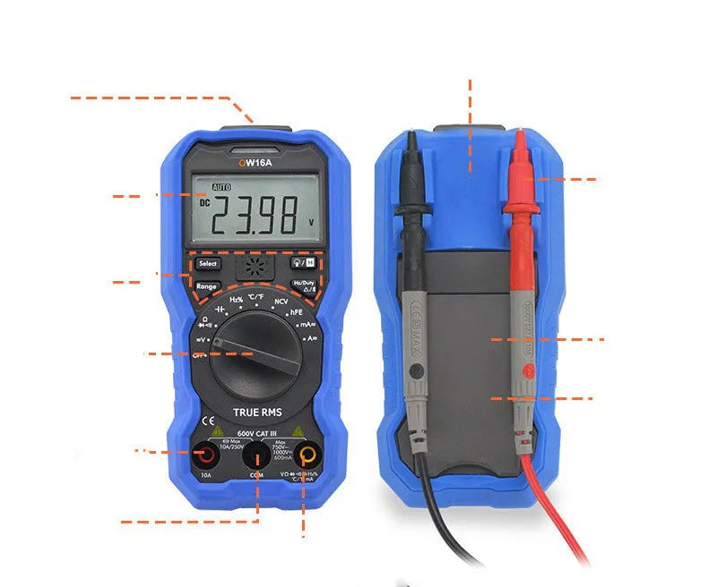 Handheld digital multimeter with display, dial, and test leads for electrical testing.