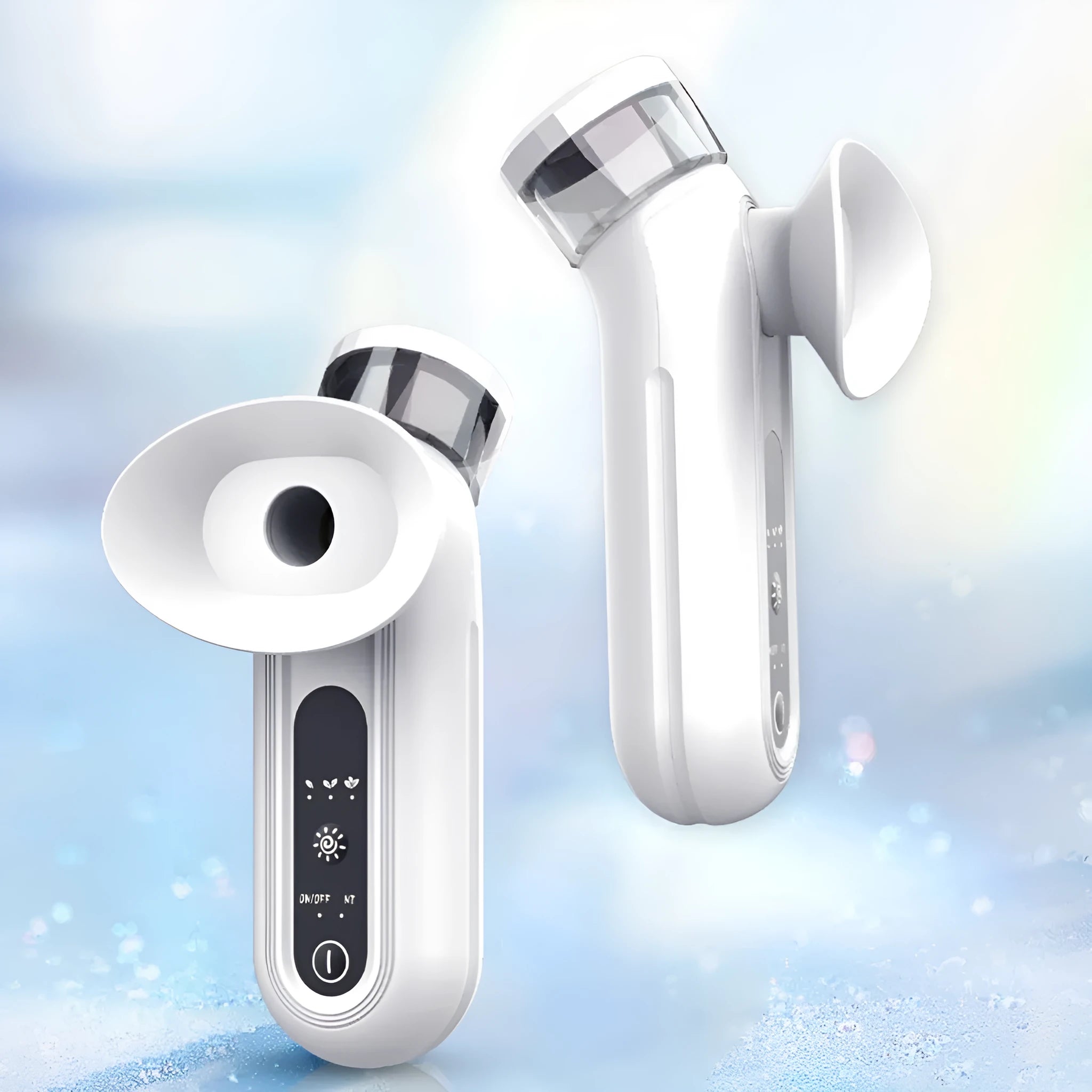 White USB rechargeable portable eye massager mask for hot and cold compress with atomising mist.