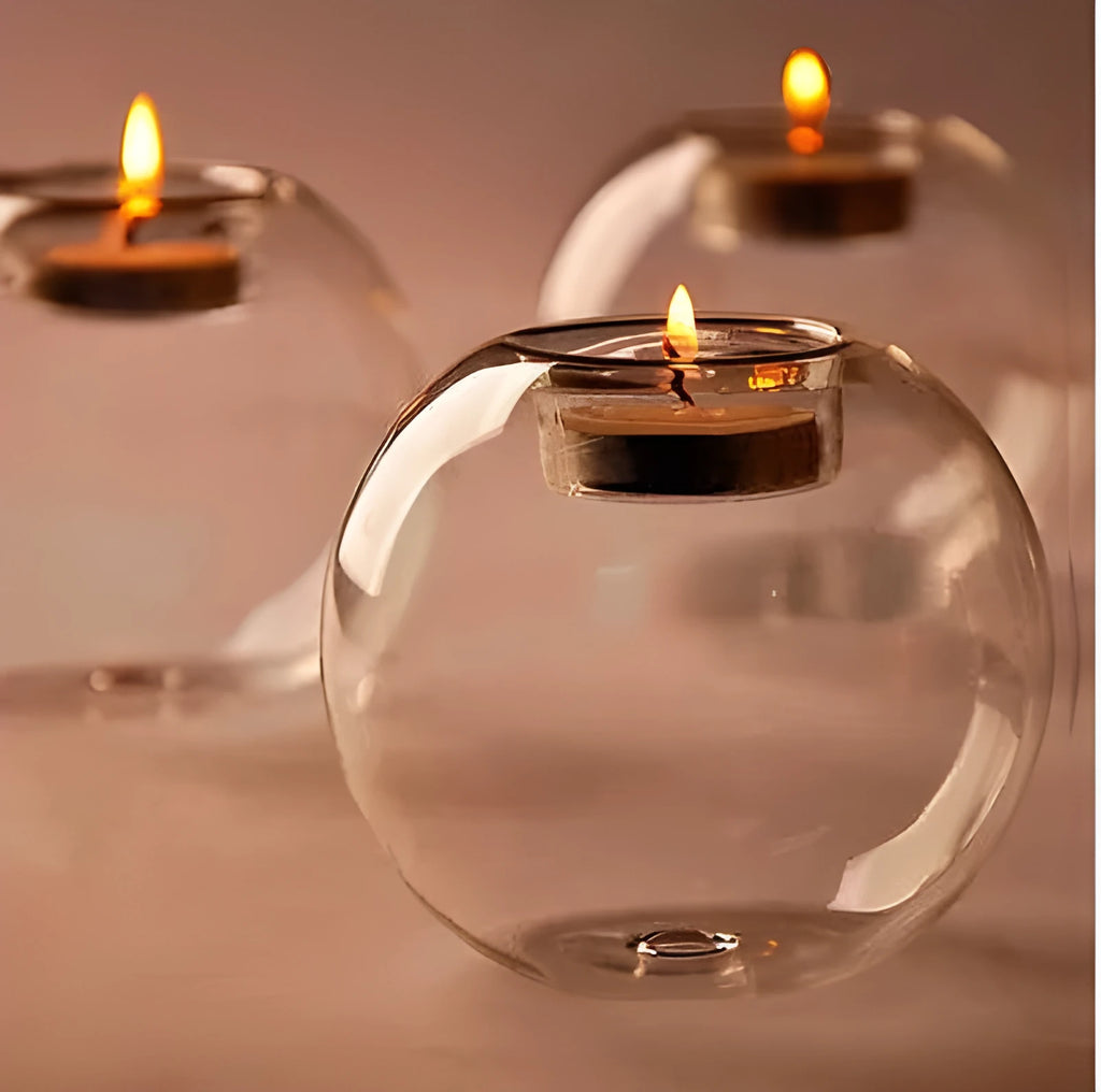 Round hollow glass candle holder showing handcrafted European-style spherical design
