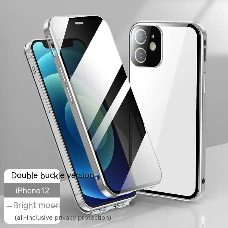 Glass privacy phone case with double-sided buckle, shown in one of five colour options: black, blue, gold, green, or silver.