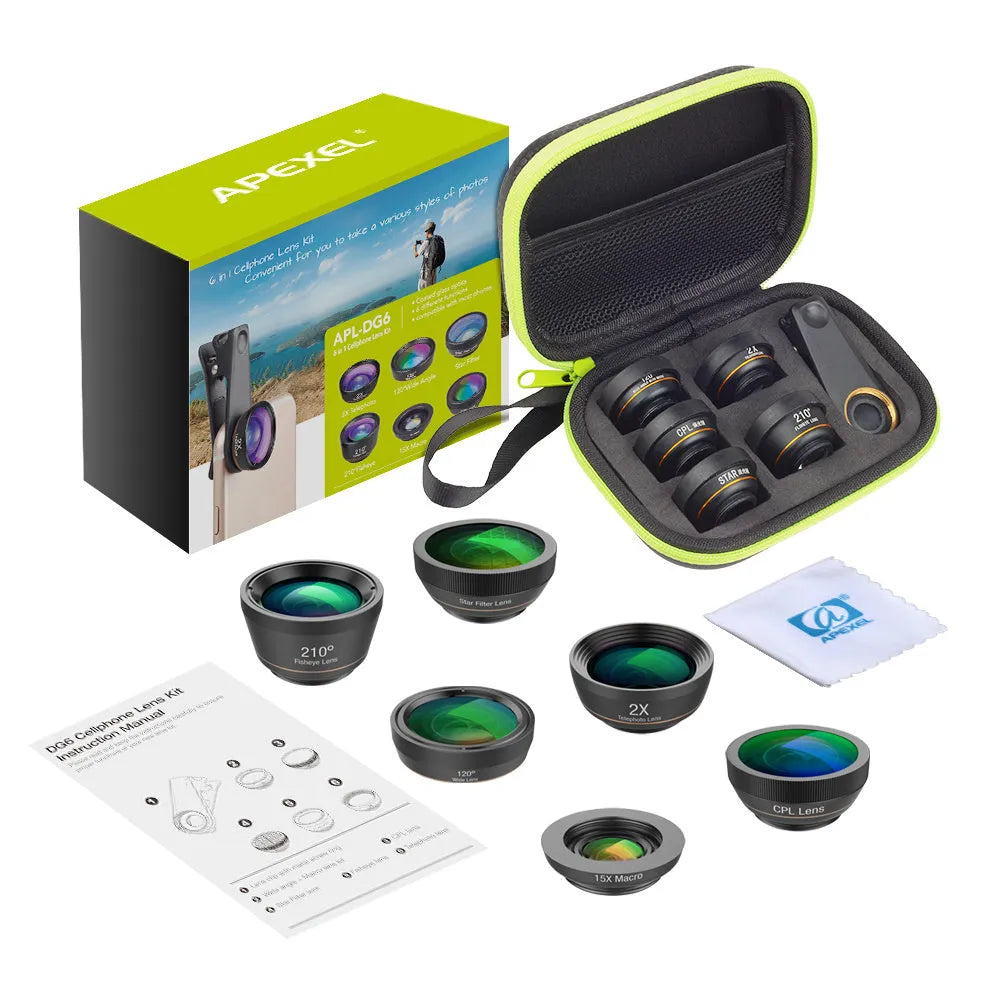 Black 6-in-1 smartphone camera lens kit with fisheye, macro, wide-angle, telephoto, CPL and star filters in a case.
