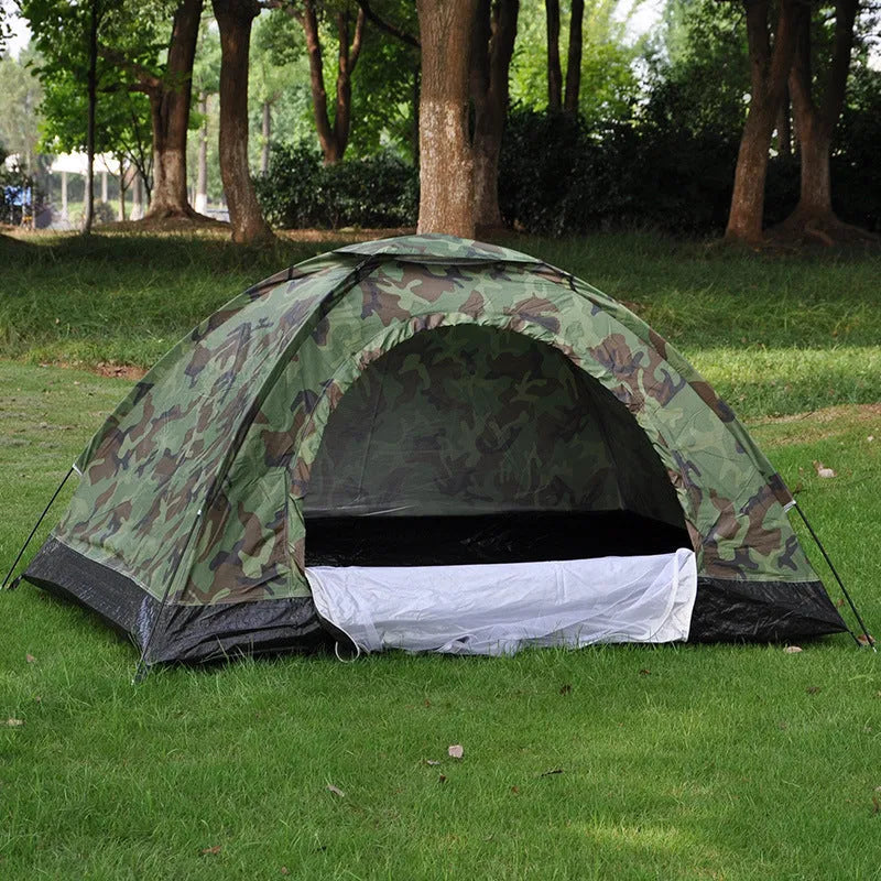 Double camouflage outdoor camping tent with steel ground nails and mesh windows