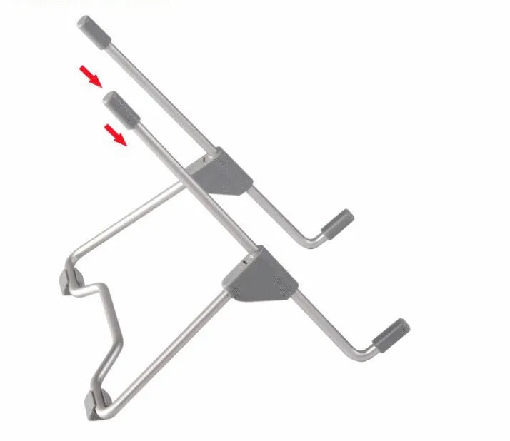 Grey aluminium alloy and engineering plastic stand holding a mobile phone and a laptop on a desk.
