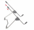 Grey aluminium alloy and engineering plastic stand holding a mobile phone and a laptop on a desk.
