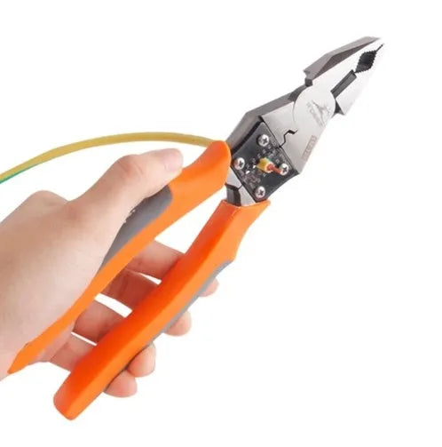 Orange-handled multi-function wire cutter pliers with forged steel jaws for cutting and stripping wire