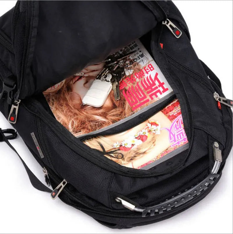Black business computer backpack with three compartments open, showing laptop sleeve and organiser pockets