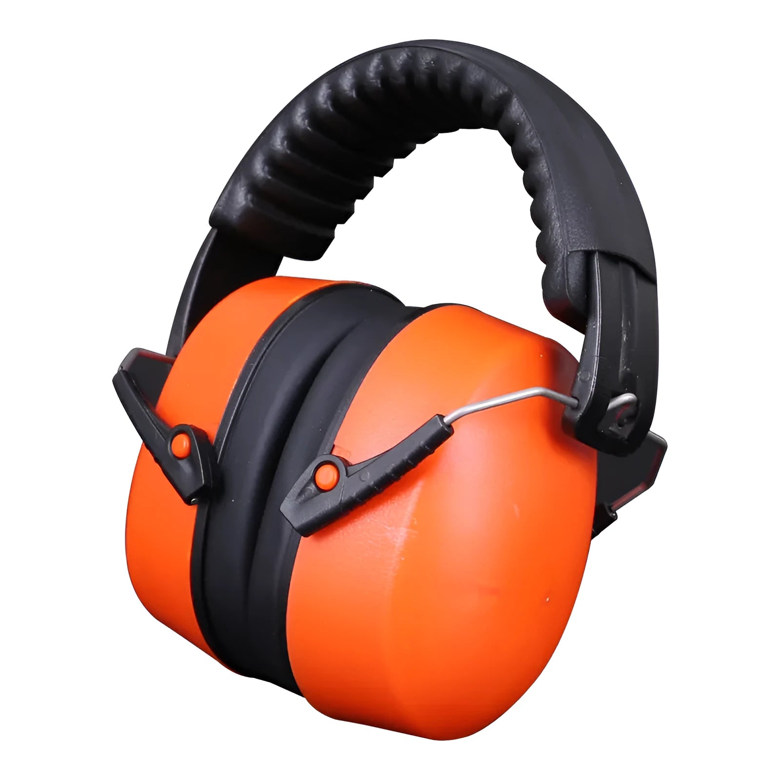 Orange head-mounted noise-cancelling headphones and protective earmuffs with adjustable elastic headband