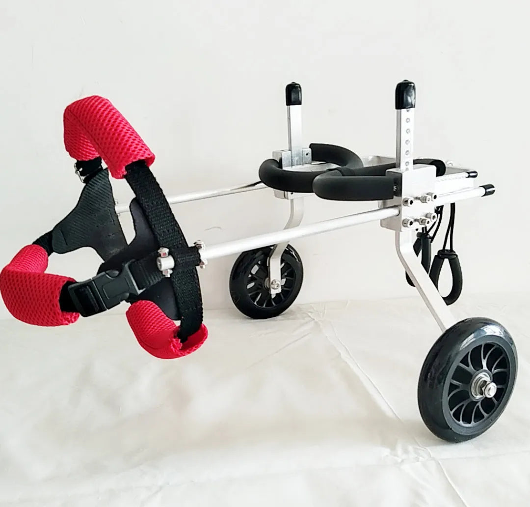 Black fully adjustable dog wheelchair for small to medium dogs, sizes XXS to S.