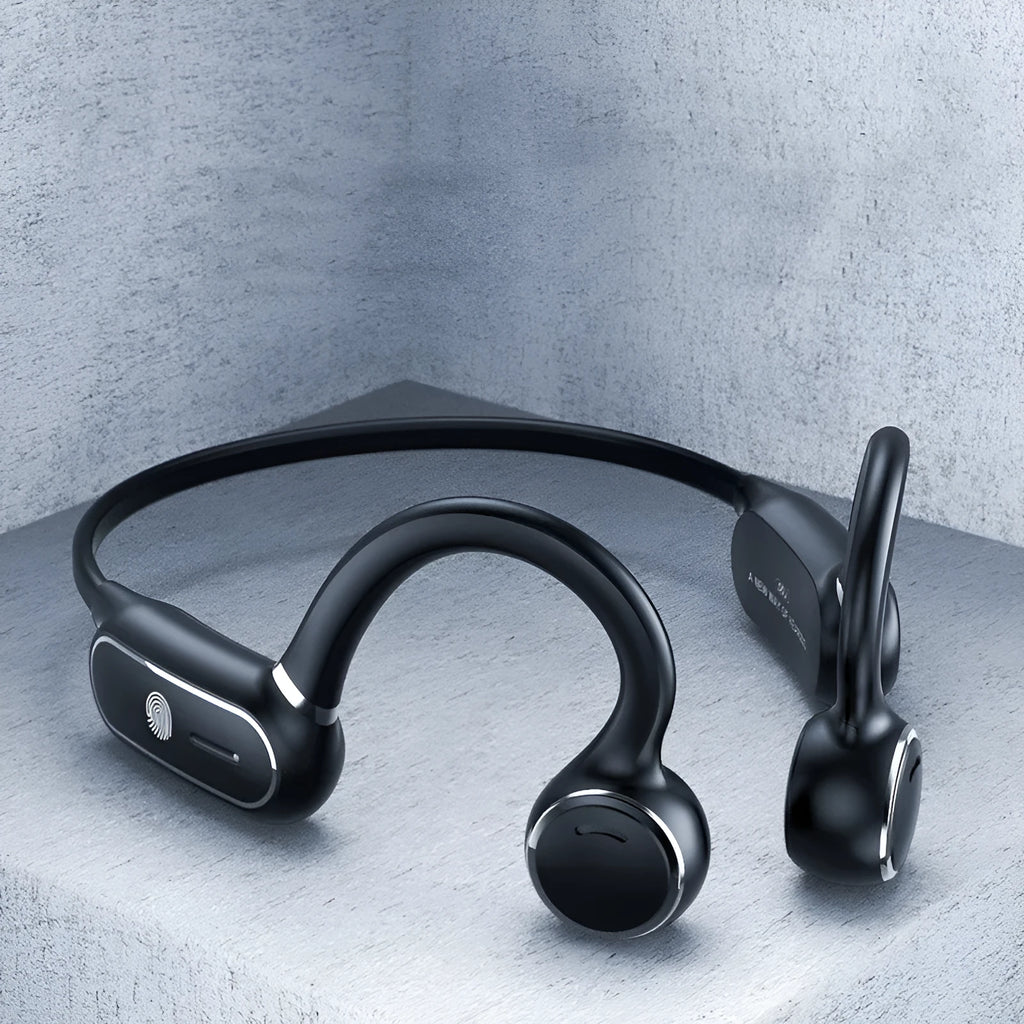 Black air conduction wireless earphone with ear-hook design and open speaker