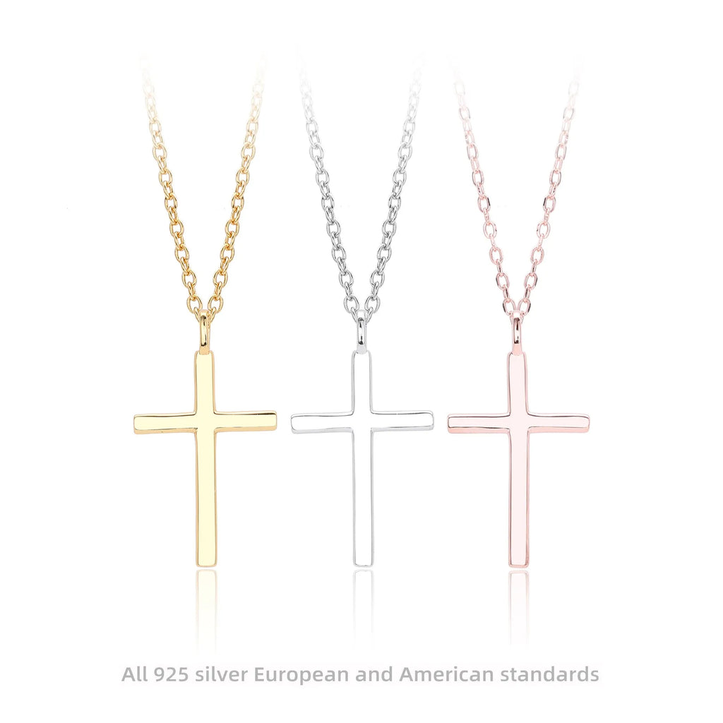 Sterling silver cross pendant necklace on an adjustable O-chain in gold, platinum, or rose gold plating.