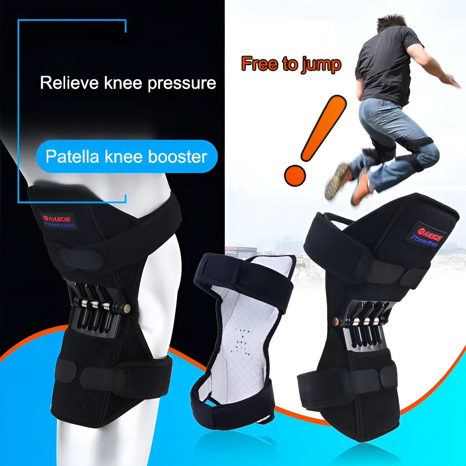 Adjustable spring knee brace in black, shown on a leg, featuring breathable fabric and venting holes for sports support.