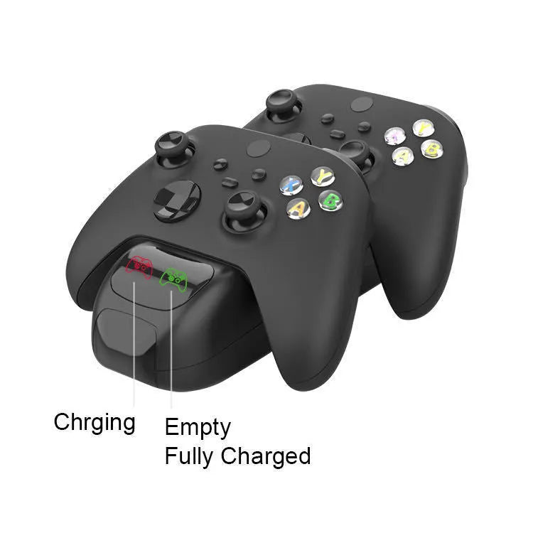 Black Xbox Series X dual controller charging station with LED lights and Type-C cable