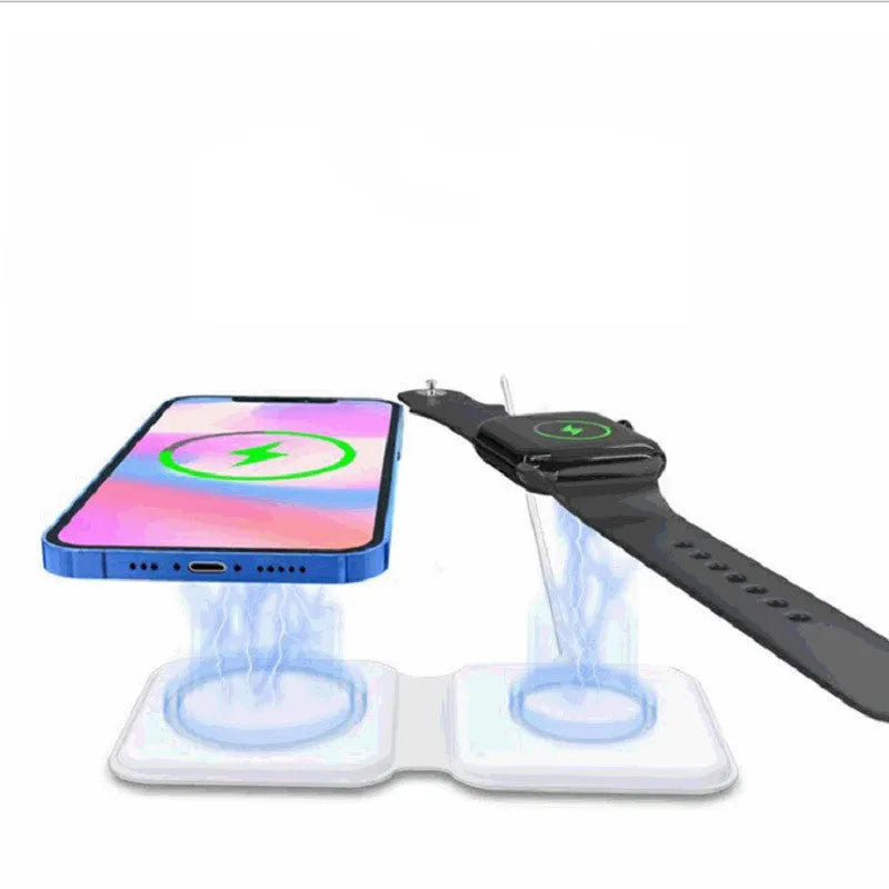 White foldable magnetic wireless charging dock showing dual charging surfaces and compact folded design