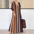 Camel coloured striped V-neck knitted polyester dress with A-line silhouette and long sleeves