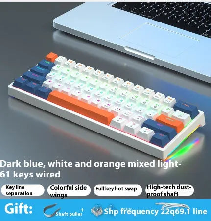 Blue and white 61-key mechanical keyboard with compact layout and hot-swappable switches