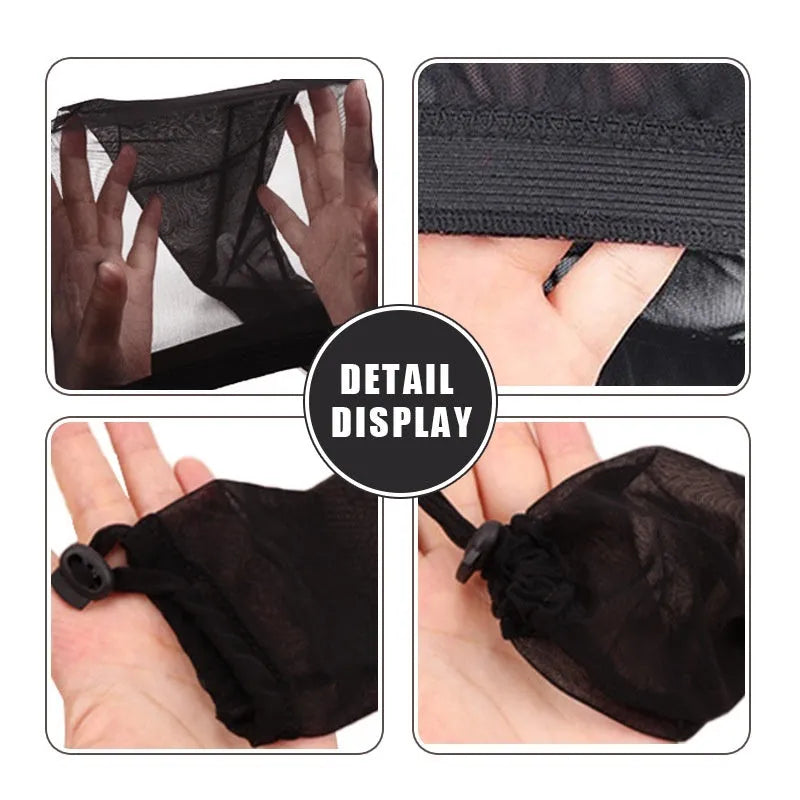 Elastic spandex wig mesh cap with oversleeve design shown in multiple colours including leopard print