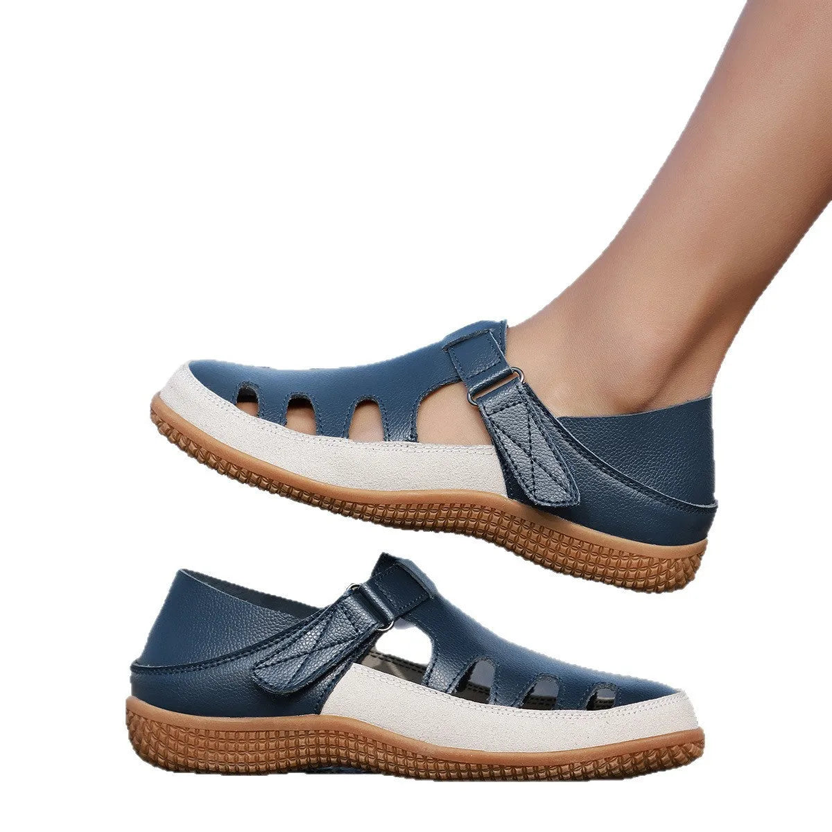 Women's plus size flat sandals with toe cap and hollow breathable design in blue colour