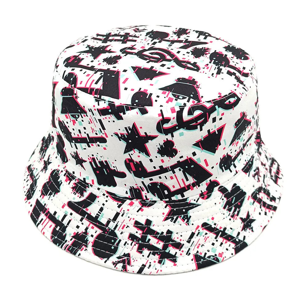 Musical note pattern printed bucket hat with dome crown in polyester fabric for sun protection