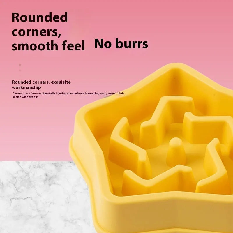 Yellow plastic slow feeding dog bowl with textured bottom pattern measuring 20.1cm diameter