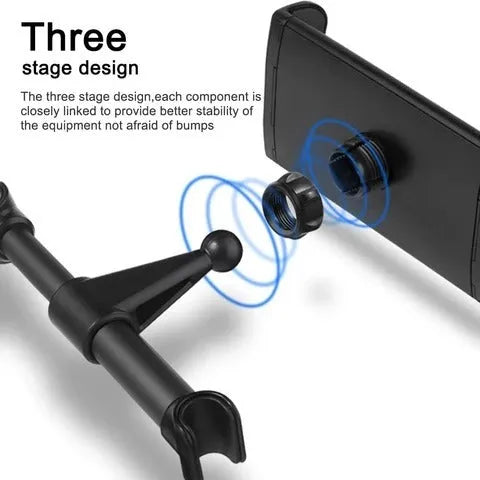 Black universal car phone holder with rear seat base mounting for tablets and phones