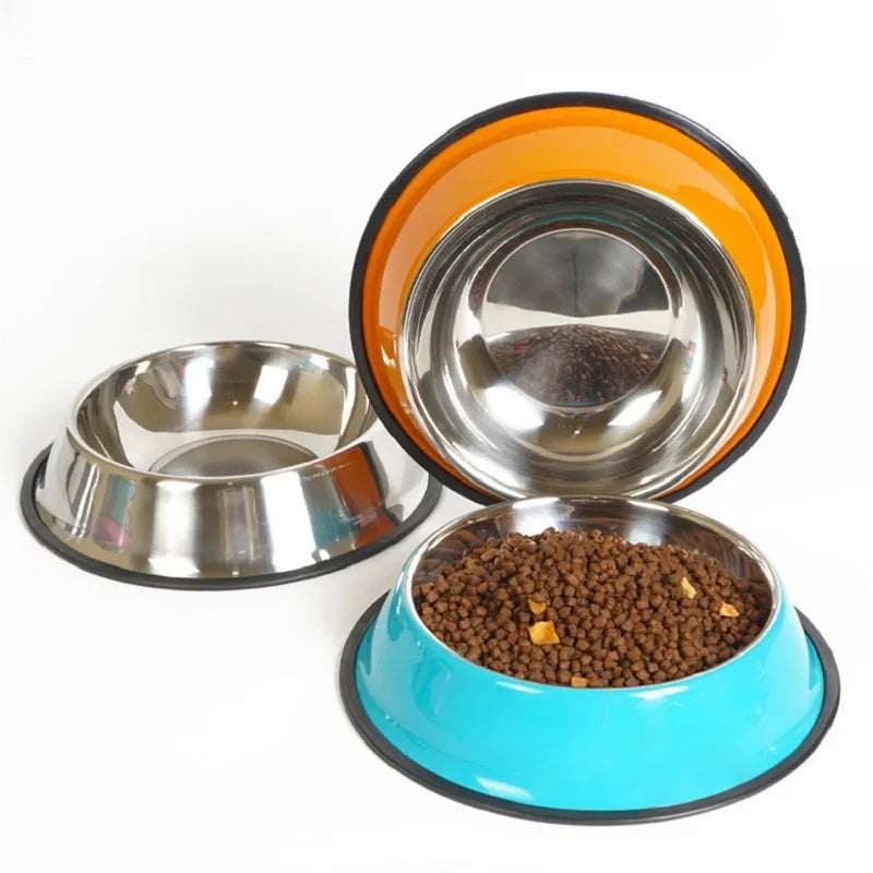 Stainless steel pet bowl with colourful melamine pot and non-slip rubber base