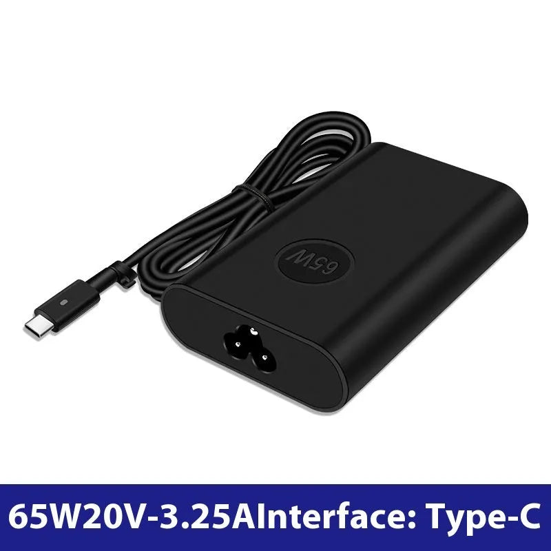 Black 65W USB-C laptop power adapter with multiple international power cords