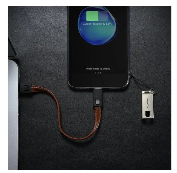 20cm leather USB lightning cable in red black and brown with zinc alloy connector