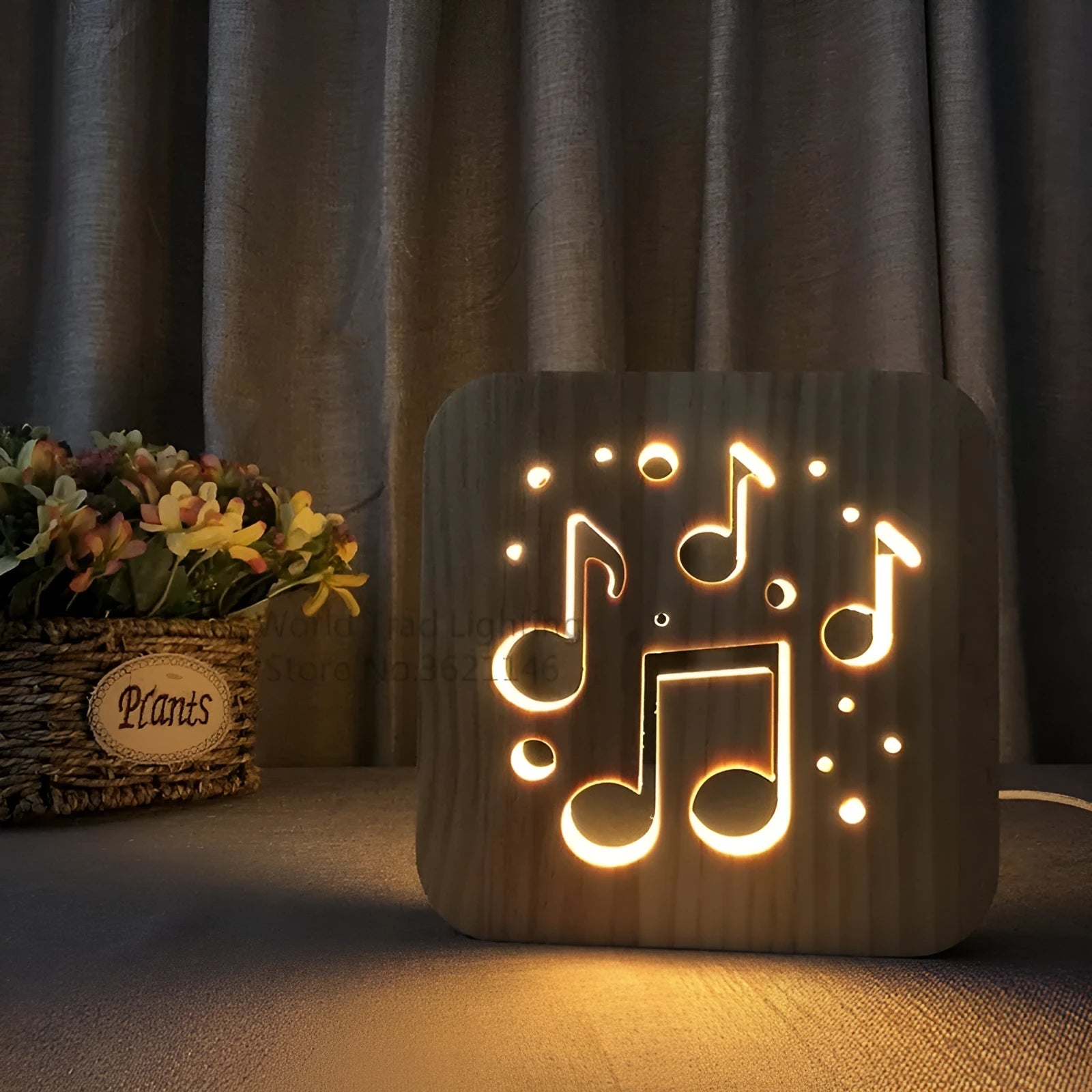 Wooden LED atmosphere light with pine construction and warm white 3D illumination