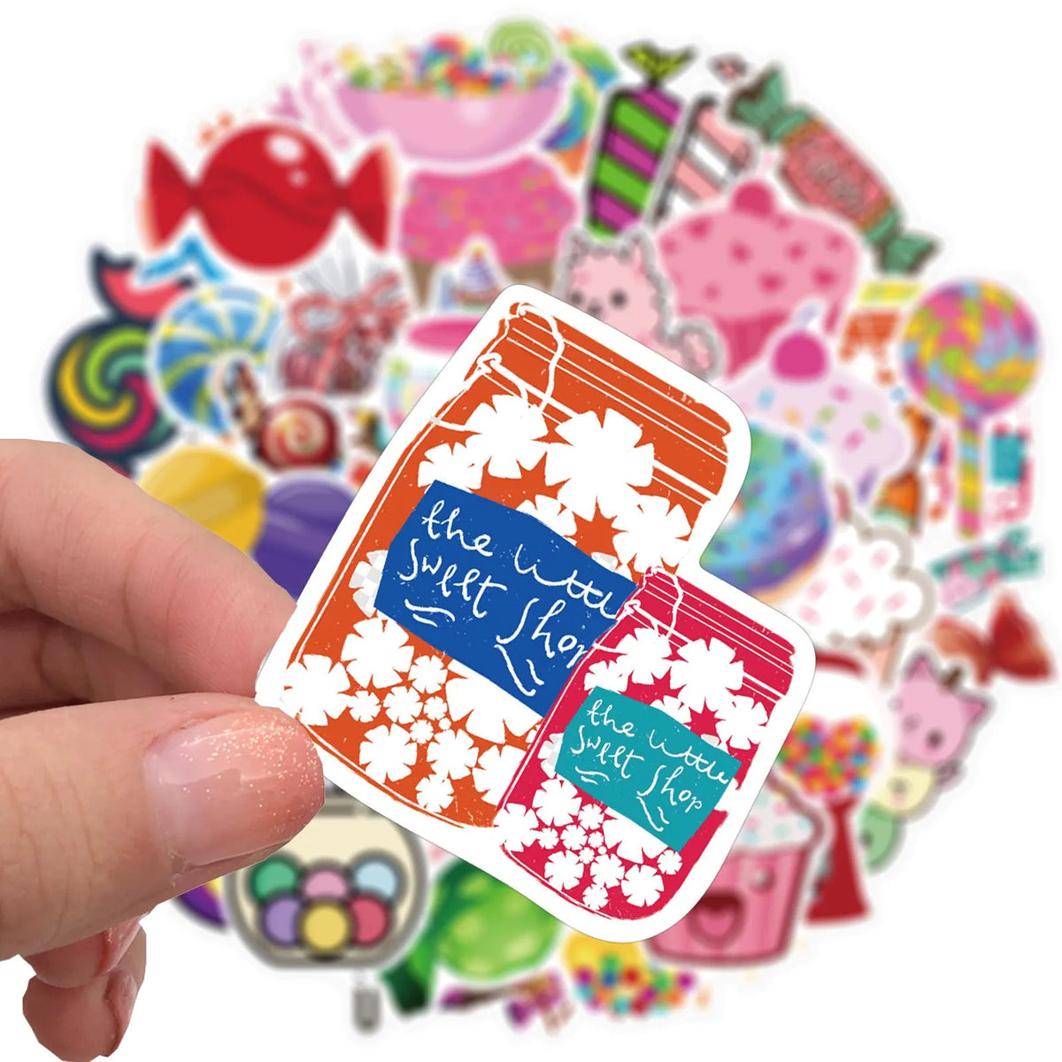 Pack of 50 colourful Candy series graffiti stickers with cartoon cute designs, each 4-6cm long.