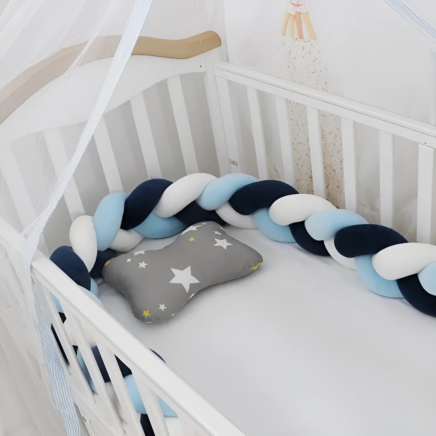 Braided knot cot bumper cushion in spandex velvet for crib safety protection.
