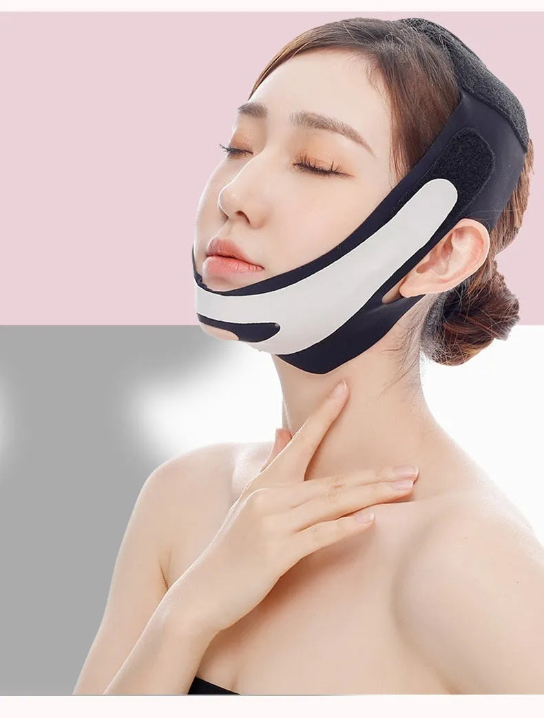 Elastic V-shaped face bandage for facial care available in pink and black colour options