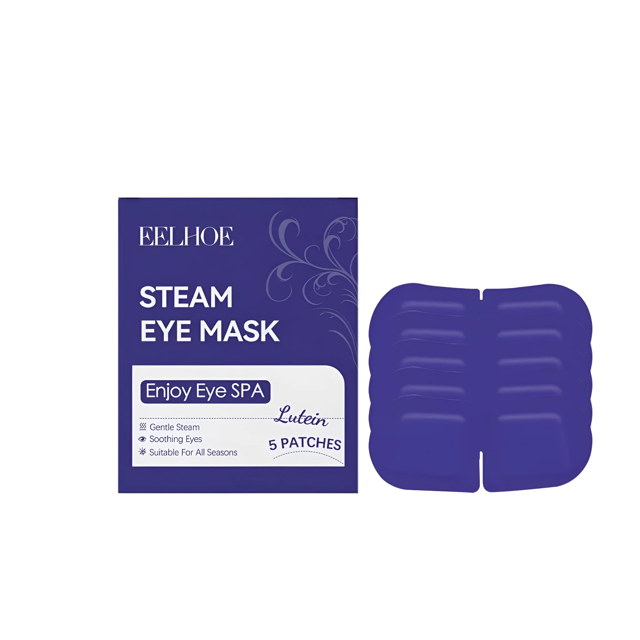 Pack of five disposable self-heating lutein steam eye masks on a white background