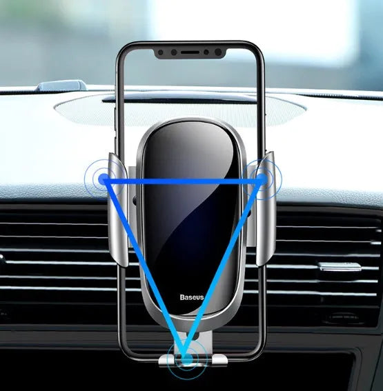 Universal smart car bracket with adjustable silicone arms, mounted on a car air vent holding a mobile phone.