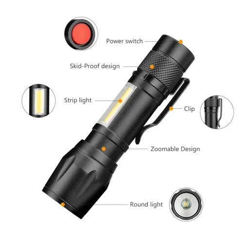 Black aluminium alloy telescopic LED flashlight with pen design and carrying clip