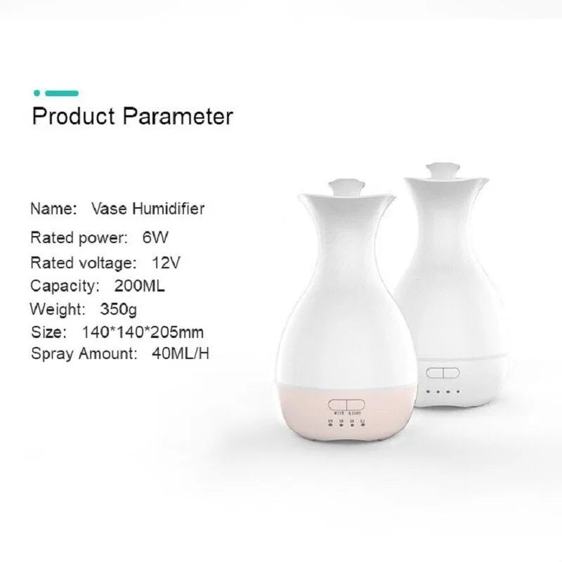 White ultrasonic aromatherapy vase humidifier with colourful LED night light and 200ml water tank.