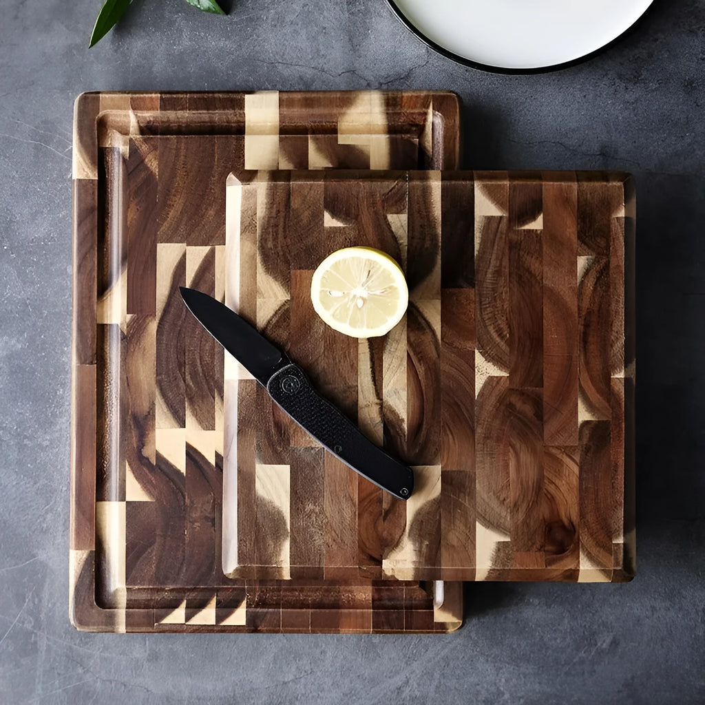 Brown acacia solid wood chopping board with parquet pattern, showing 3cm side thickness.