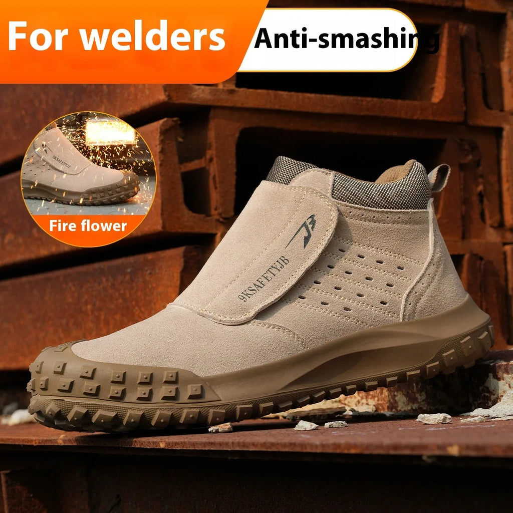 Lightweight welder safety shoe with steel toe cap in sand colour, shown with lace-up front.