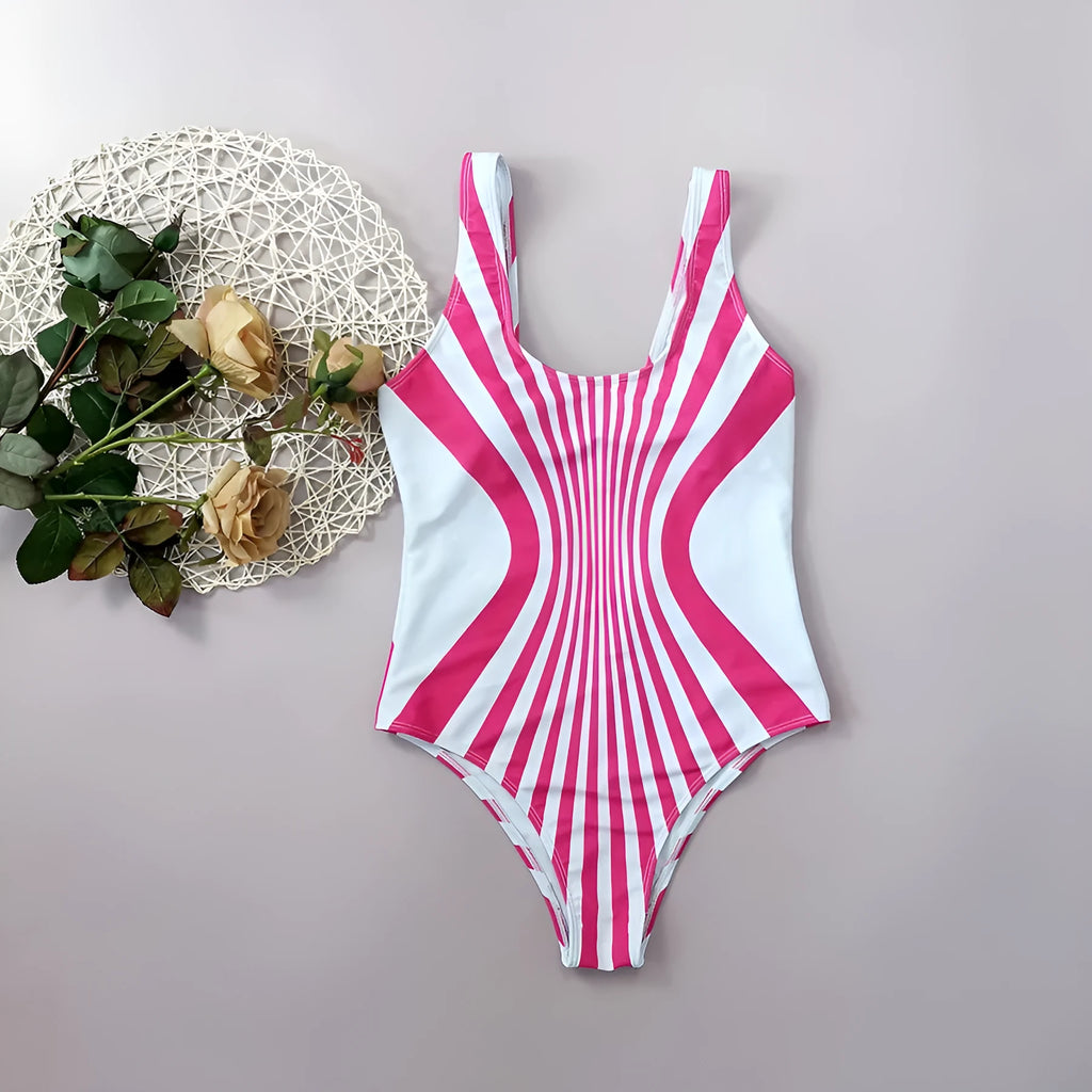 Pink striped one-piece swimsuit for women with digital printing on front and back.