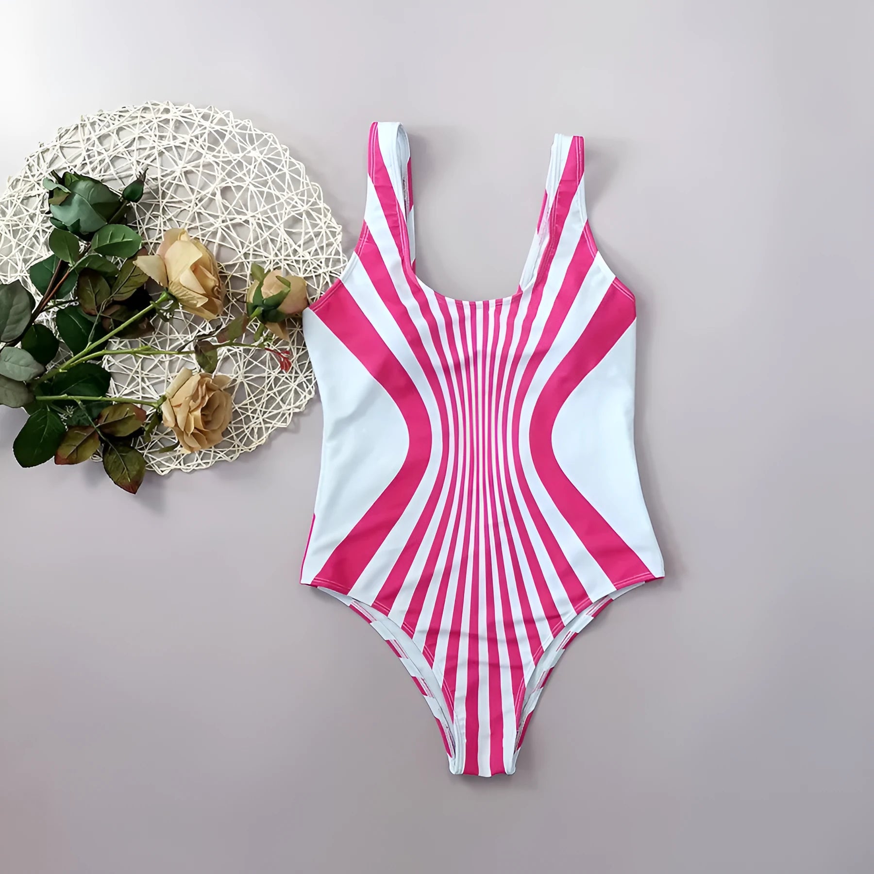 Pink striped one-piece swimsuit for women with digital printing on front and back.