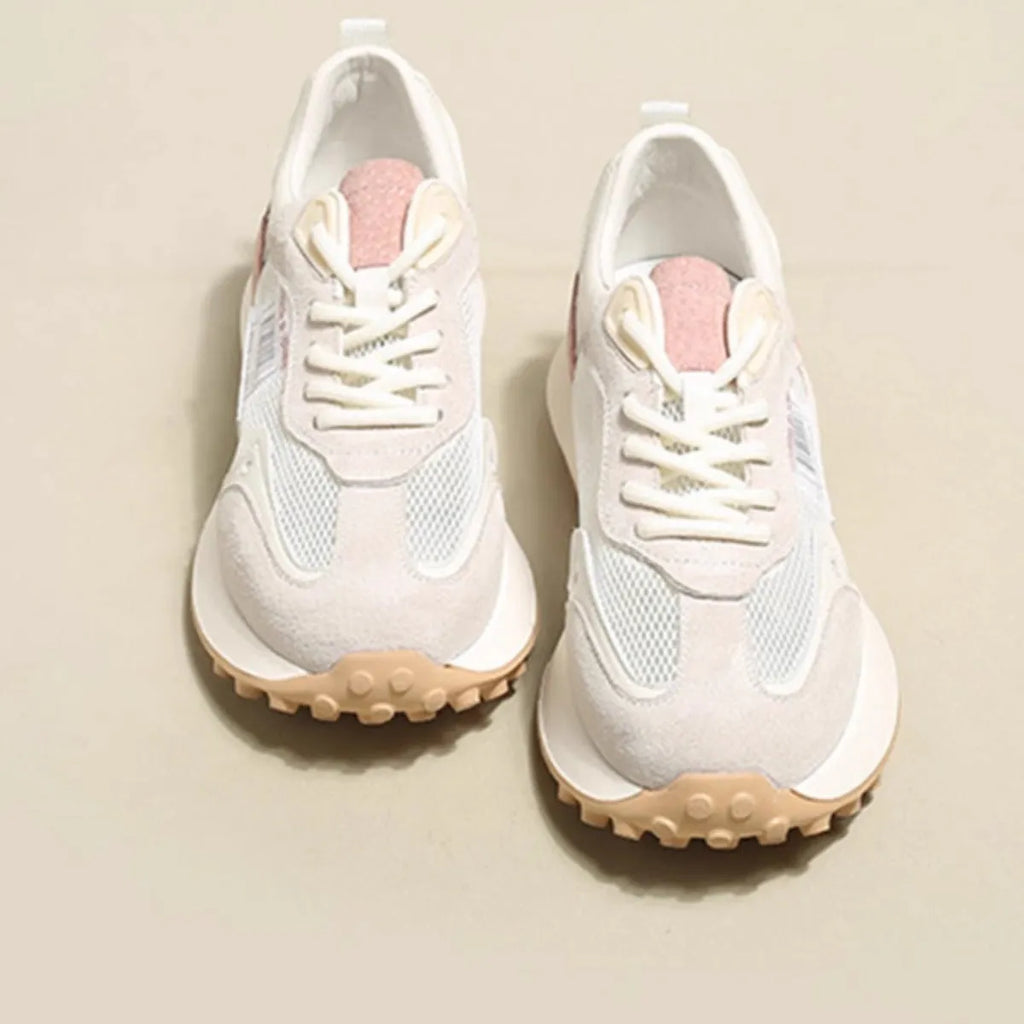 Women's grey and pink retro sneakers with low-top flat heel design and mesh lining
