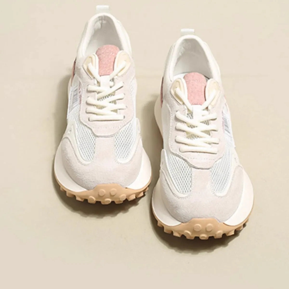 Women's grey and pink retro sneakers with low-top flat heel design and mesh lining