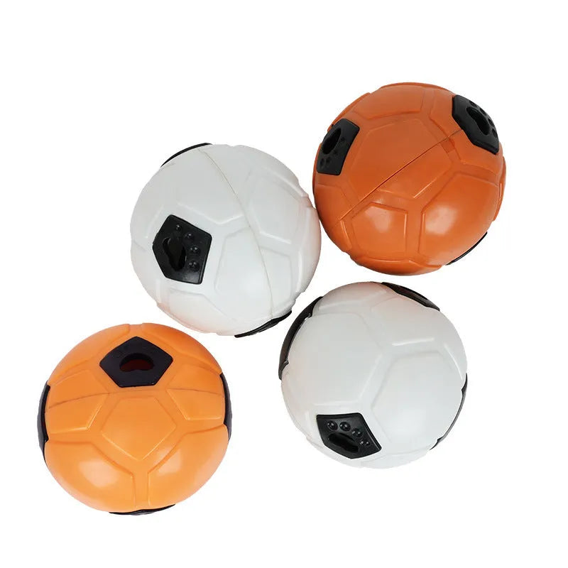 Orange and white TPR rubber dog toy ball showing hollow and dental stick design options