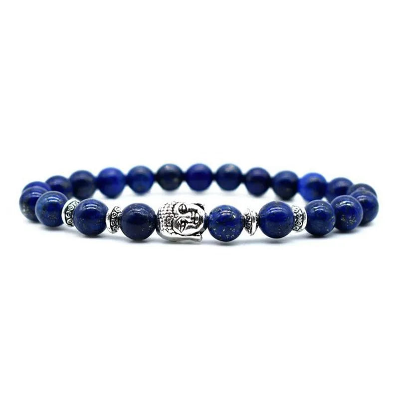 Handmade amethyst bead bracelet with a choice of tiger eye, black agate, pink crystal, or green gold Buddha head charm.