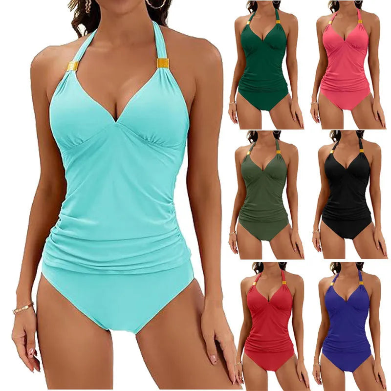 Women's halter neck two-piece swimsuit with adjustable tie sides in solid colour